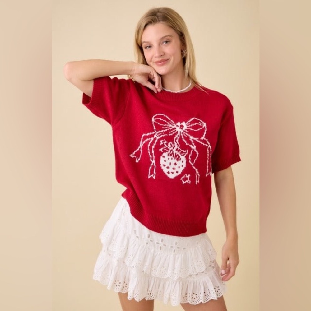 Strawberry Bow Boxy Sweater Knit Short Sleeve Top - Main Strip